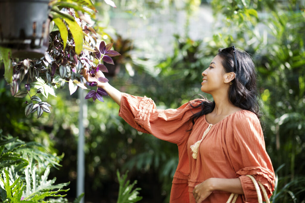 Woman picking out herbs from a herbal plant