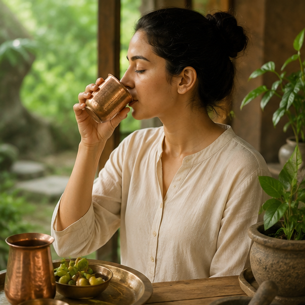 woman drinking water from copper glass