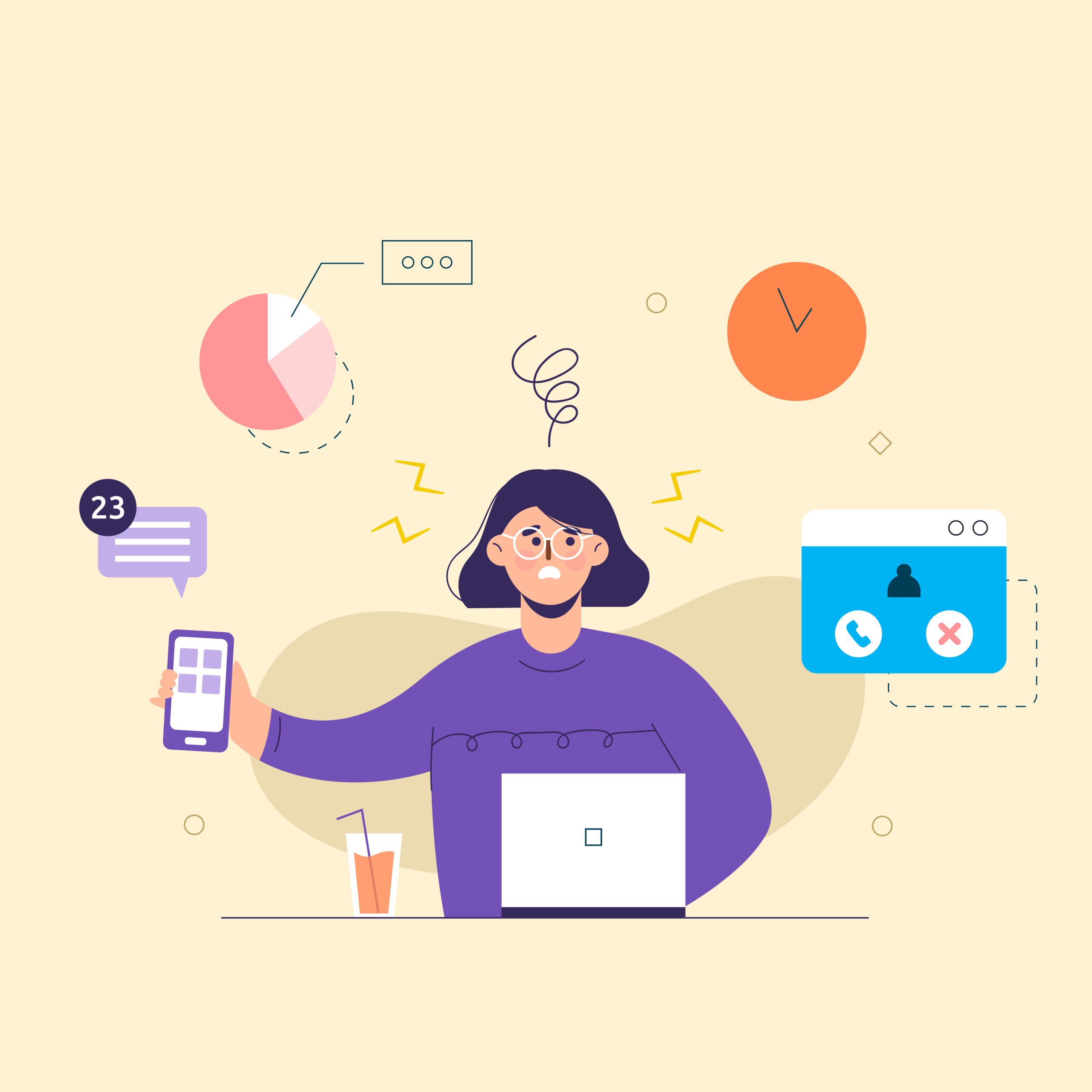 animated image of a  woman multi-tasking causing screen stress