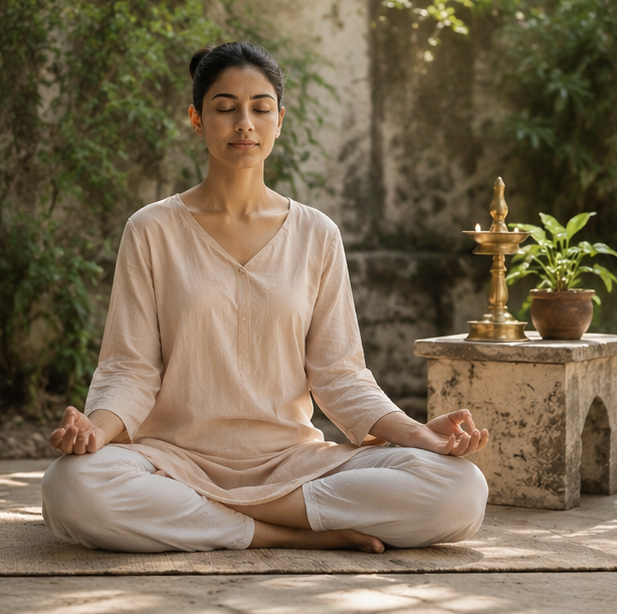 woman sitting in a cross legged yoga position for Ayurvedic Daily Routine (Dinacharya)