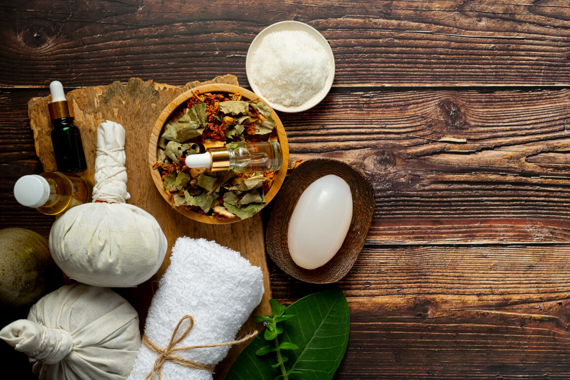 herbal-spa-treatment-equipments-put-wooden-floor