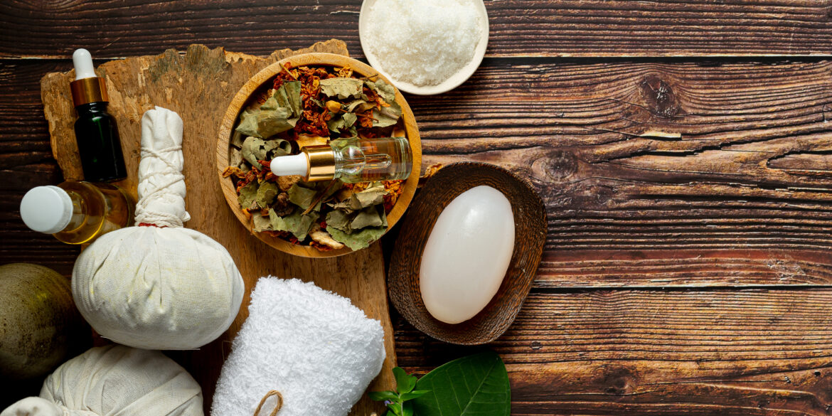 herbal-spa-treatment-equipments-put-wooden-floor