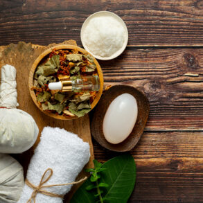 herbal-spa-treatment-equipments-put-wooden-floor