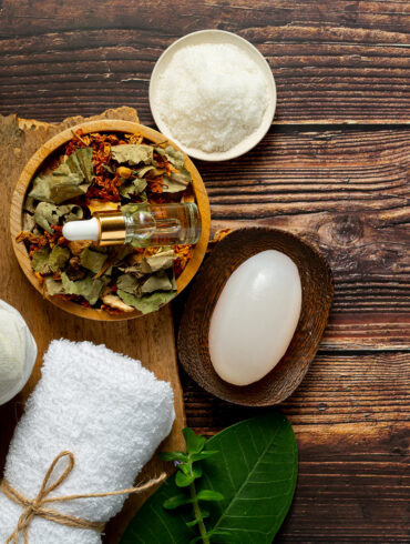 herbal-spa-treatment-equipments-put-wooden-floor