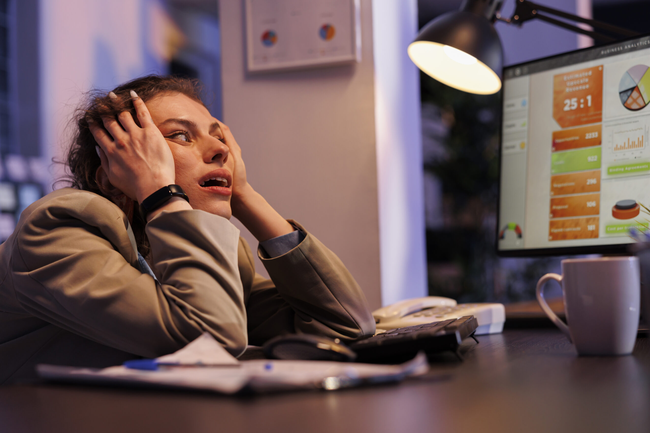 irritated nervous businesswoman suffering from screen stress