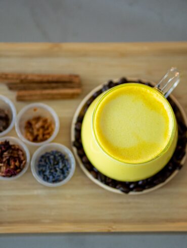 milk with turmeric and other ayurvedic herbs in a tray