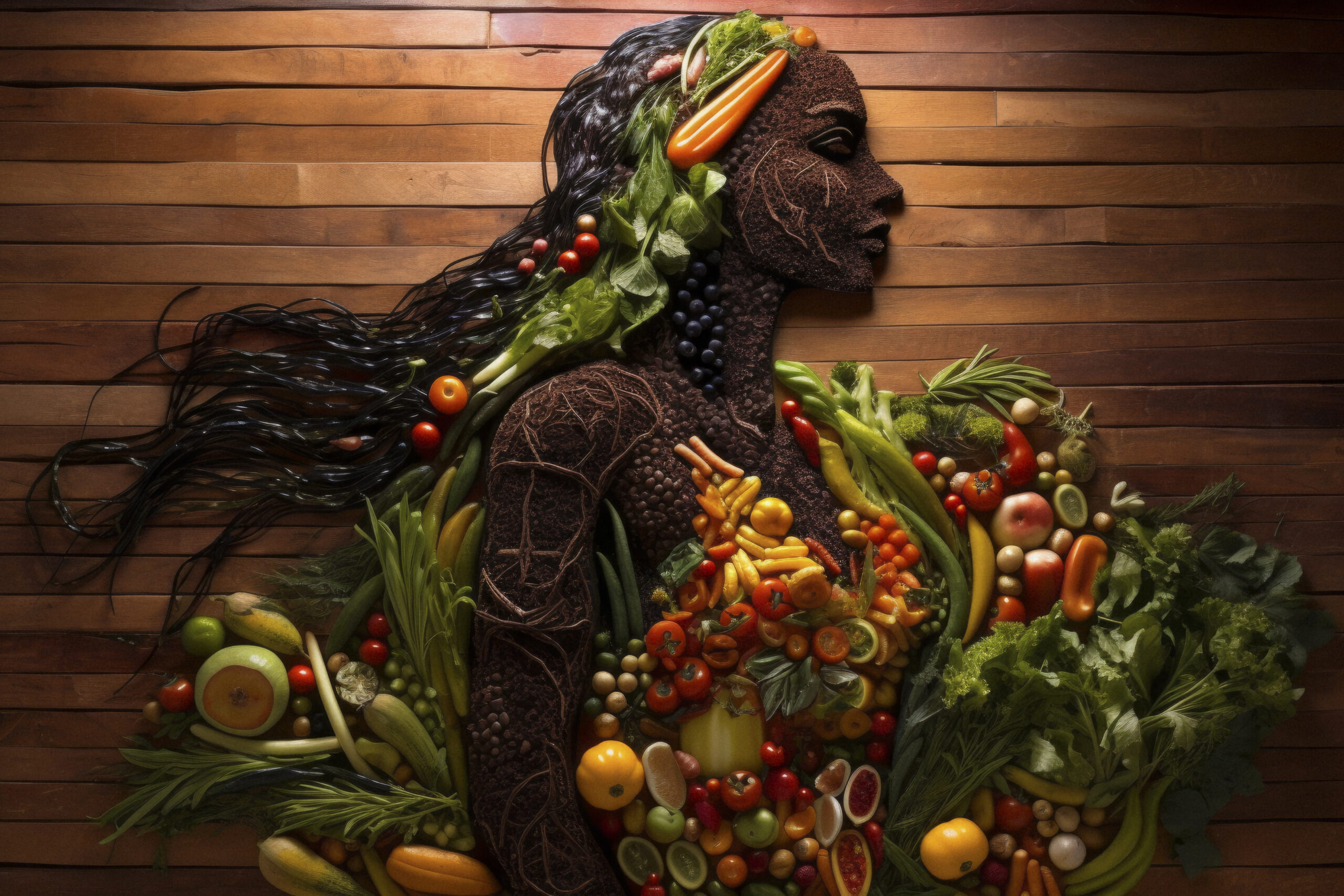 healthy food on a table decorated in a silhouette of a woman for Ayurvedic Longevity Blueprint