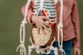 a man holding a plastic science skeleton specimen